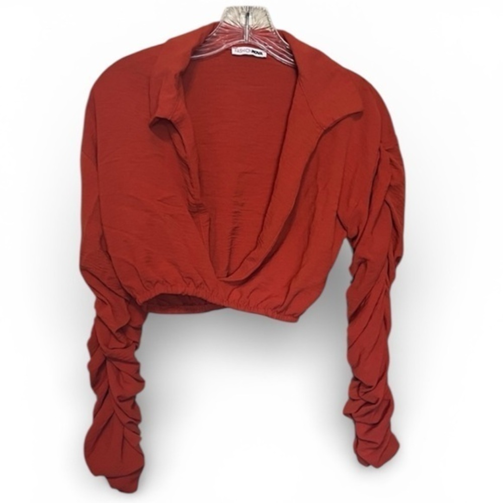 Fashion Nova Mara Ruched Long Sleeve Top, burnt orange, V-neck, cropped top